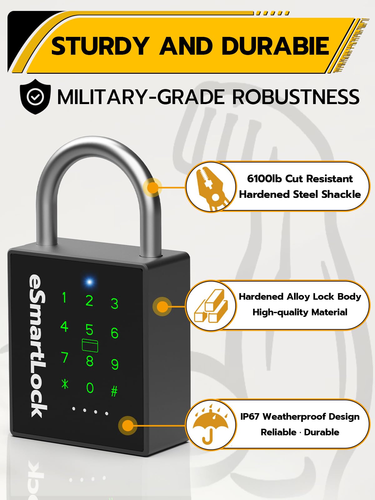 Pothunder Heavy Duty Smart Padlock, Outdoor Padlock with Key Code and RFID, Weatherproof Biometric Digital Lock for Gate, Sheds, Fence, Garage, Locker, Storage Unit