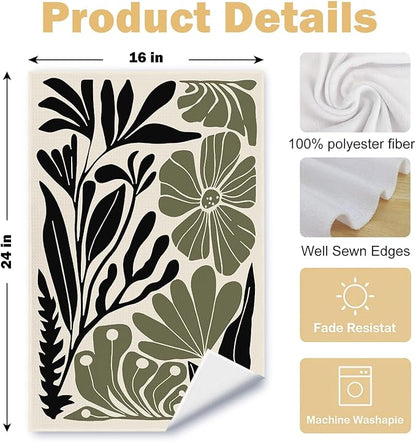 Abstract Green and Black Boho Floral Kitchen Towels Set of 2, 70s Retro Groovy
