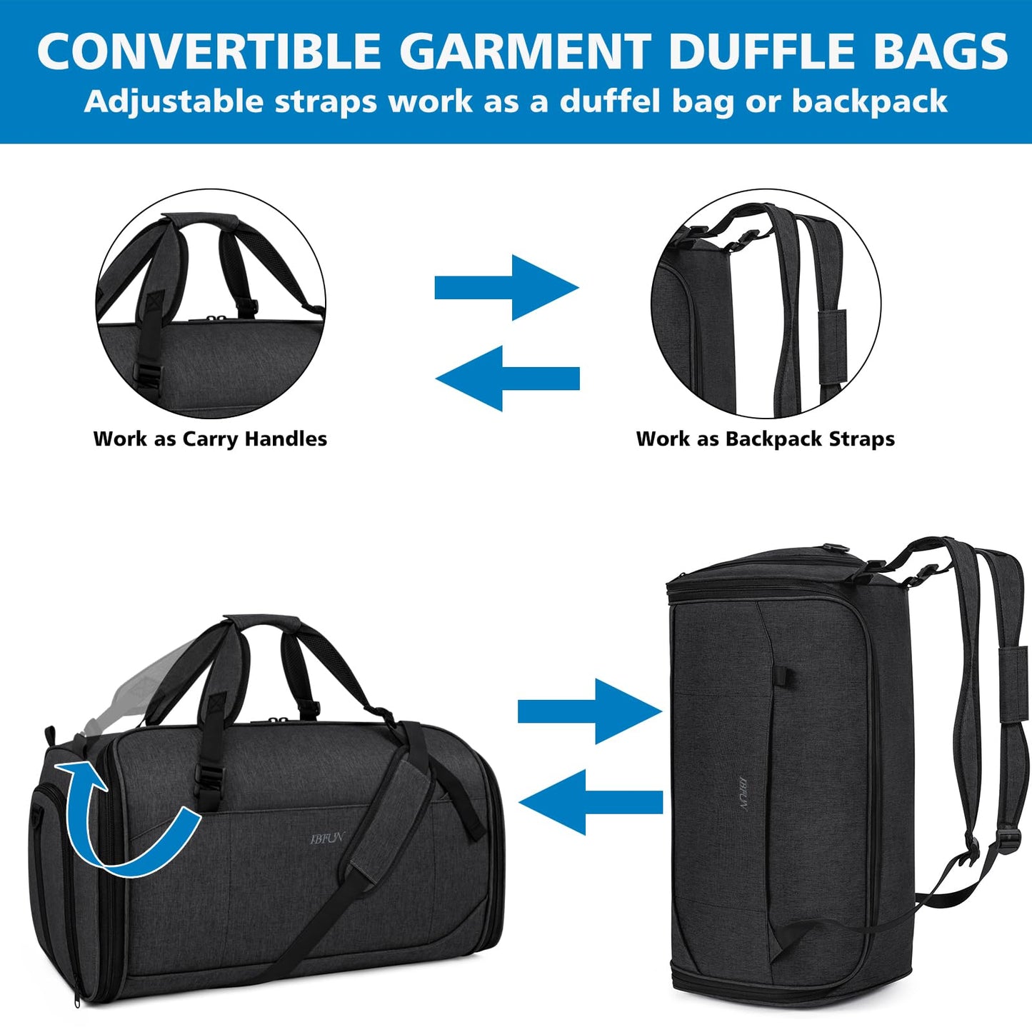 Convertible Garment Bags for Travel - Carry on Garment Duffle Bag with Backpack Straps for Men Women, 4 in 1 Large Travel Duffel Bags with Shoes Compartment Hanging Suit Dress Weekender Bag 3pcs Set