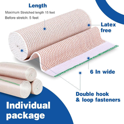 AZEN Premium 5 Pack Elastic Bandage Wrap 6 Inch, Compression Wrap Bandage for Legs, Ankle, Knee, Tummy, Body, Latex-Free, Lymphedema Wraps for Legs