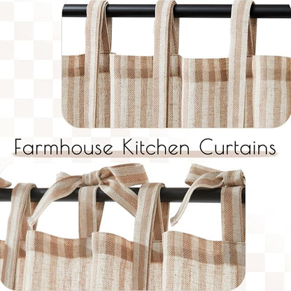 jinchan Tie Top Linen Kitchen Curtains 24 Inch Length Striped Tier Curtains Ticking Stripe Small Drapes for Living Room Bathroom Cafe Small Window Farmhouse Rustic Rod Pocket 2 Panels Tan