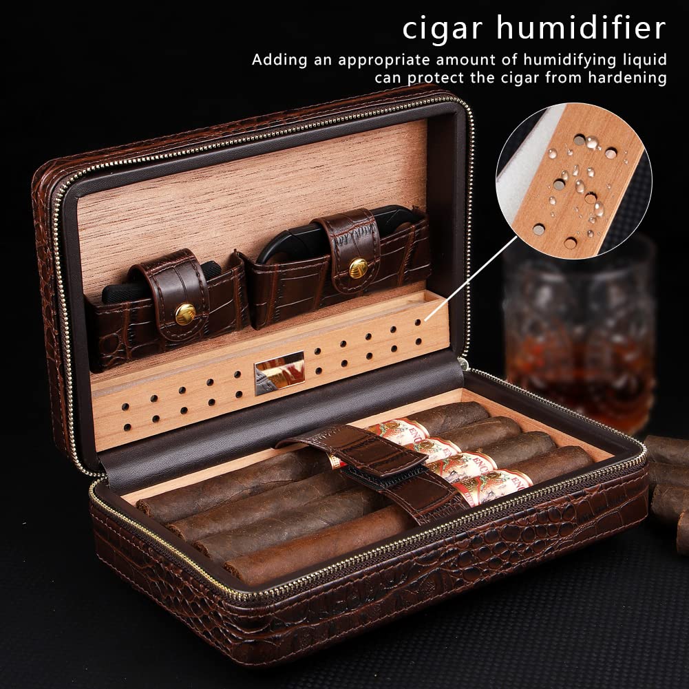 KEENSUN Cigar Case- 4-Finger Black Brown Crocodile Pattern PU Leather Travel Cedar Wood Cigar Humidor with humidifier,Cigar Cutter and Cigar Holder Great Gift for Men