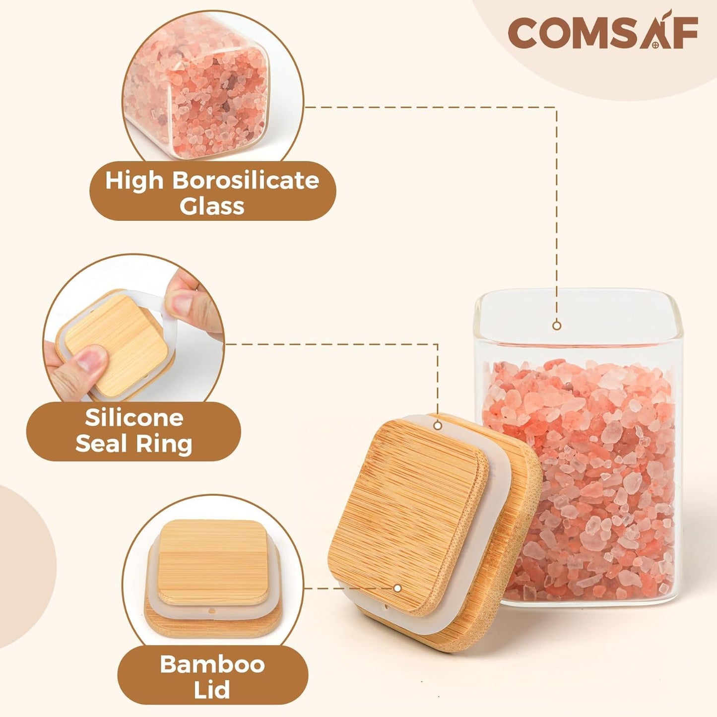 ComSaf 16Pcs Glass Spice Jars with Bamboo Lid, 4oz Airtight Square Spice Containers with 275 Black Lables, Empty Seasoning Jars for Spice Salt Sugar