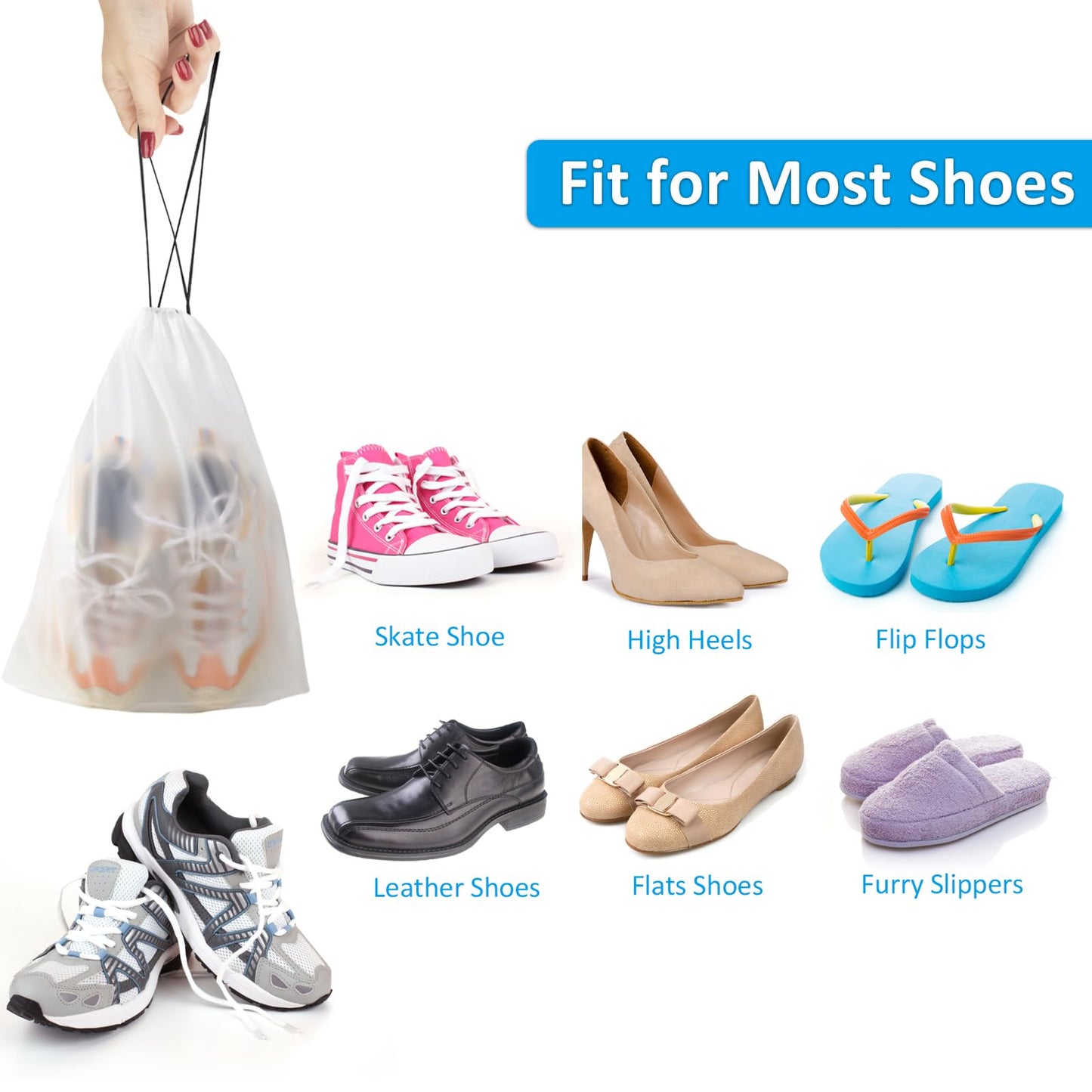 COIDEA, Waterproof Travel Drawstring Shoe Bags for Packing, Storage, Travel Essentials for Men and Women, 15.7 x 11.8 inches, Clear, 5 pieces