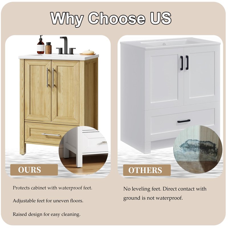 IDEALHOUSE 30" Bathroom Vanity with Sink, Freestanding Wooden Bathroom Vanity Cabinet with Soft-Closing Door and Metal Handle, Modern Floor Standing Storage for Small Spaces,Natural Wood