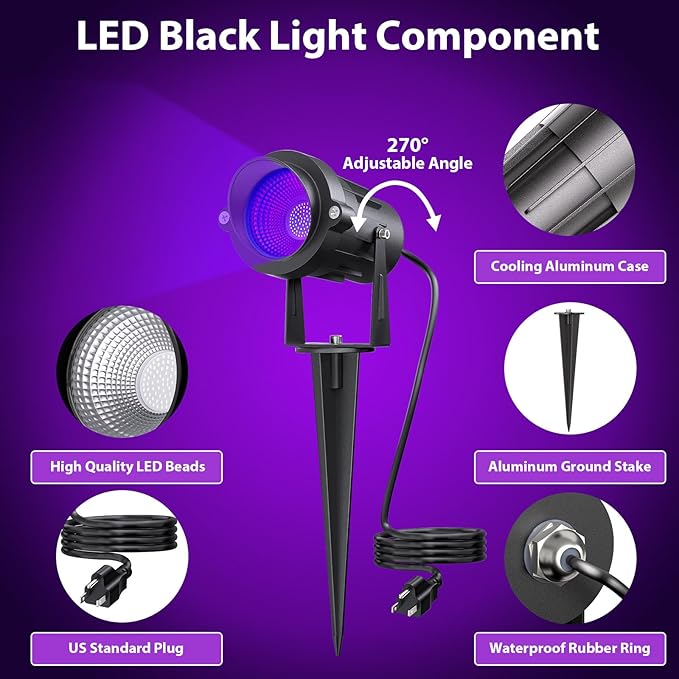 Onforu 18W Black Light Spotlight Outdoor, IP65 Waterproof Blacklight Spot Lights, 385-400nm Wavelength, Plug-in Halloween Black Lights for Glow Party, Body Paint, Stage Lighting, Neon Decor (2 Pack)
