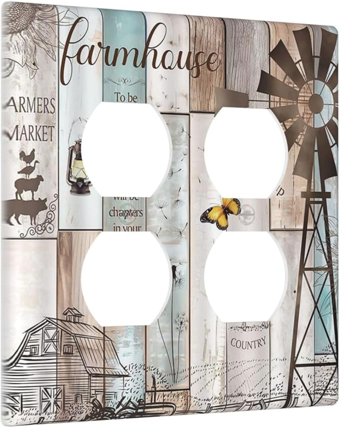 Decorative Light Switch Cover Plate Rustic Farmhouse Colorful Wooden Barn Door 2 Gang Socket Covers Double Duplex Wallplates Switch Plates and Outlet Covers for Kitchen Home Decor