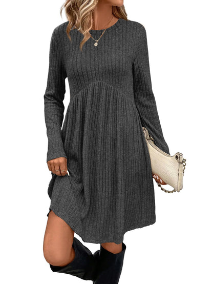 OFEEFAN Long Sleeve Dress for Women Crew Neck Empire Waist Tunic Dress with Pockets
