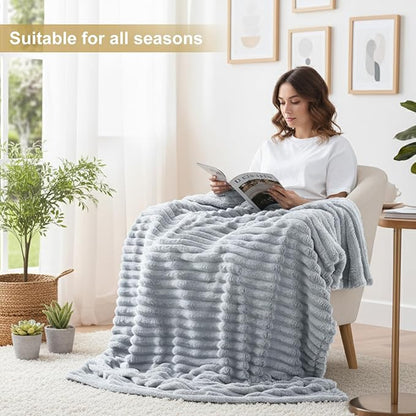 decorUhome Soft Fleece Light Grey Throw Blanket for Couch, Cozy Fluffy Plush Flannel Striped Blanket for Sofa Bed, Lightweight Decorative Ribbed Fuzzy Blanket for Woman, 50x60 Inches
