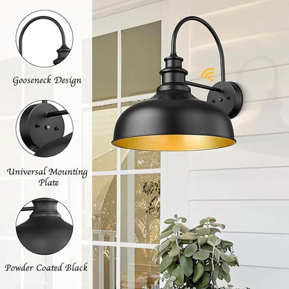 Bestshared 16 Inch Dome Large Dusk to Dawn Sensor Gooseneck Barn Light Farmhouse Outdoor Wall Sconce Industrial Exterior Wall Lighting Fixture, Outside Lantern Garage Lamp(Black+ Gold, 16” Dome-2Pack)