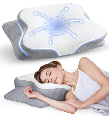Cervical Pillow for Neck Pain Relief - Ergonomic Memory Foam Pillow with Cooling Case Orthopedic Support Side Sleeper Pillow for Pain Relief Support for Side Back Stomach Sleepers