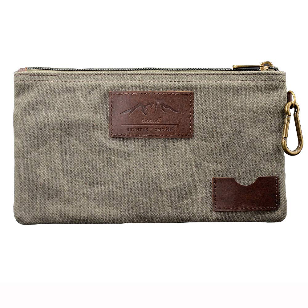 All Purpose Utility Zipper Pouch, EDC Organizer, Water Resistant, Durable Waxed Canvas with Full Grain Leather, Carabiner, Inner Pockets, Office Work Essentials, Charger Case, Pencil Case. Olive.
