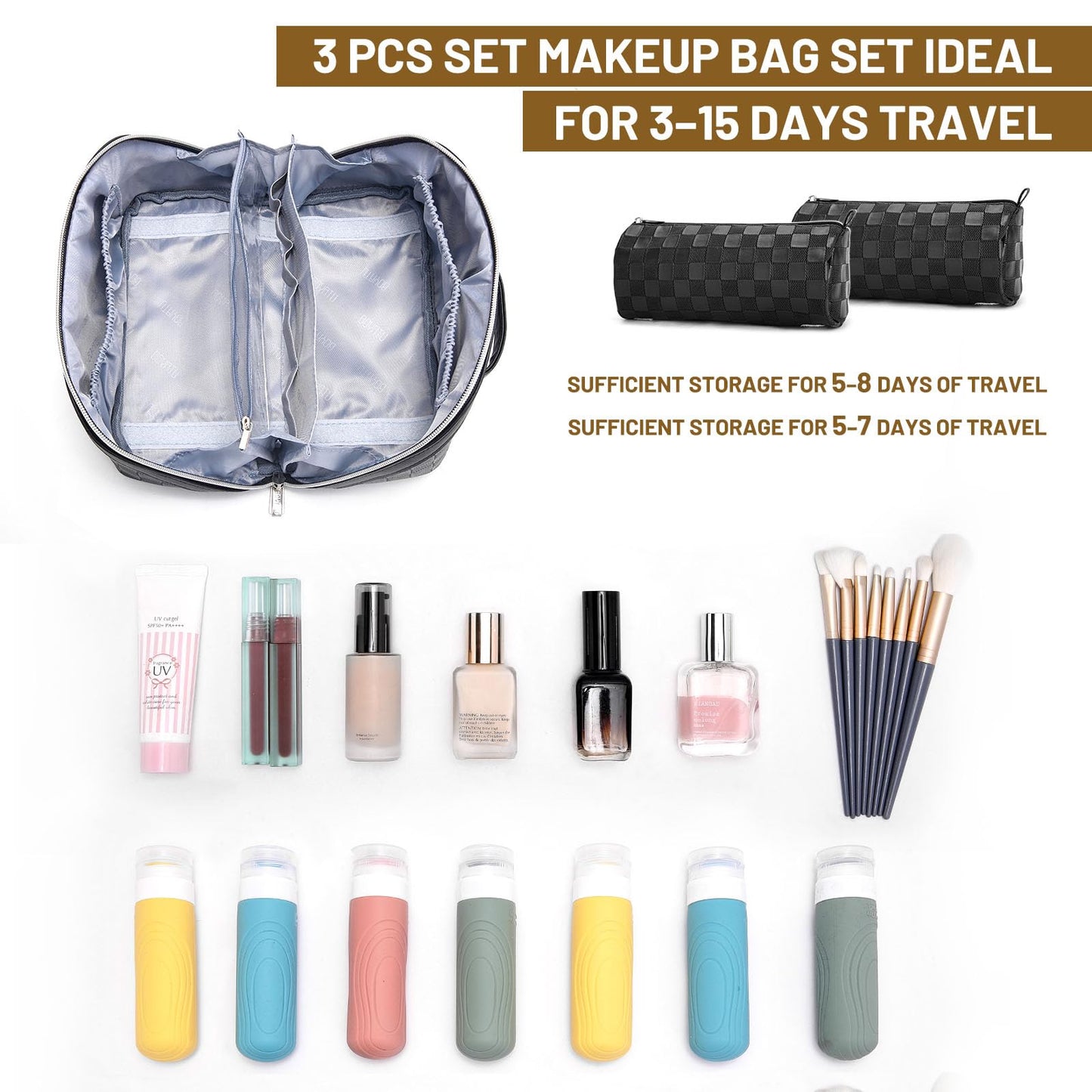 BOYATU Travel Makeup Bag Organizer: 3 Pcs Set Large Capacity Cosmetic Bags Holds 10–20 100ml Full-Size Bottles for 3–15 Day Trips - 180°Open-Flat Make up Case 3-sec touch-up - Toiletry Bag Gift women