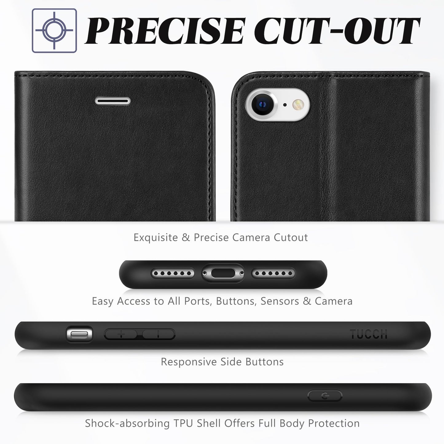 TUCCH Case Wallet for iPhone SE 2022/ iPhone 7/8/iPhone SE 2020, PU Leather 3 Card Slots Stand Magnetic Flip Folio Cover TPU Shockproof Inner Shell, Black