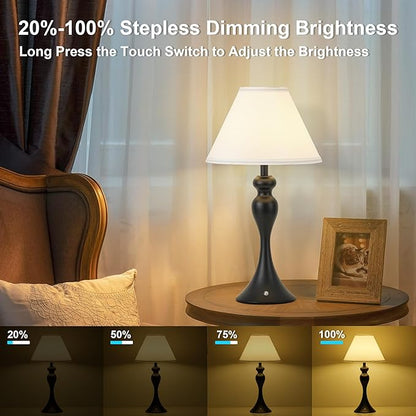 Cordless Bedside Lamp for Living Room, Table Lamp for Bedroom, 3-Way Dimmable Nightstand Lamp with Fabric Shade, Rechargeable Touch Led Desk Lamp Battery Operated Lamp for Dorm, Home Office (Black)