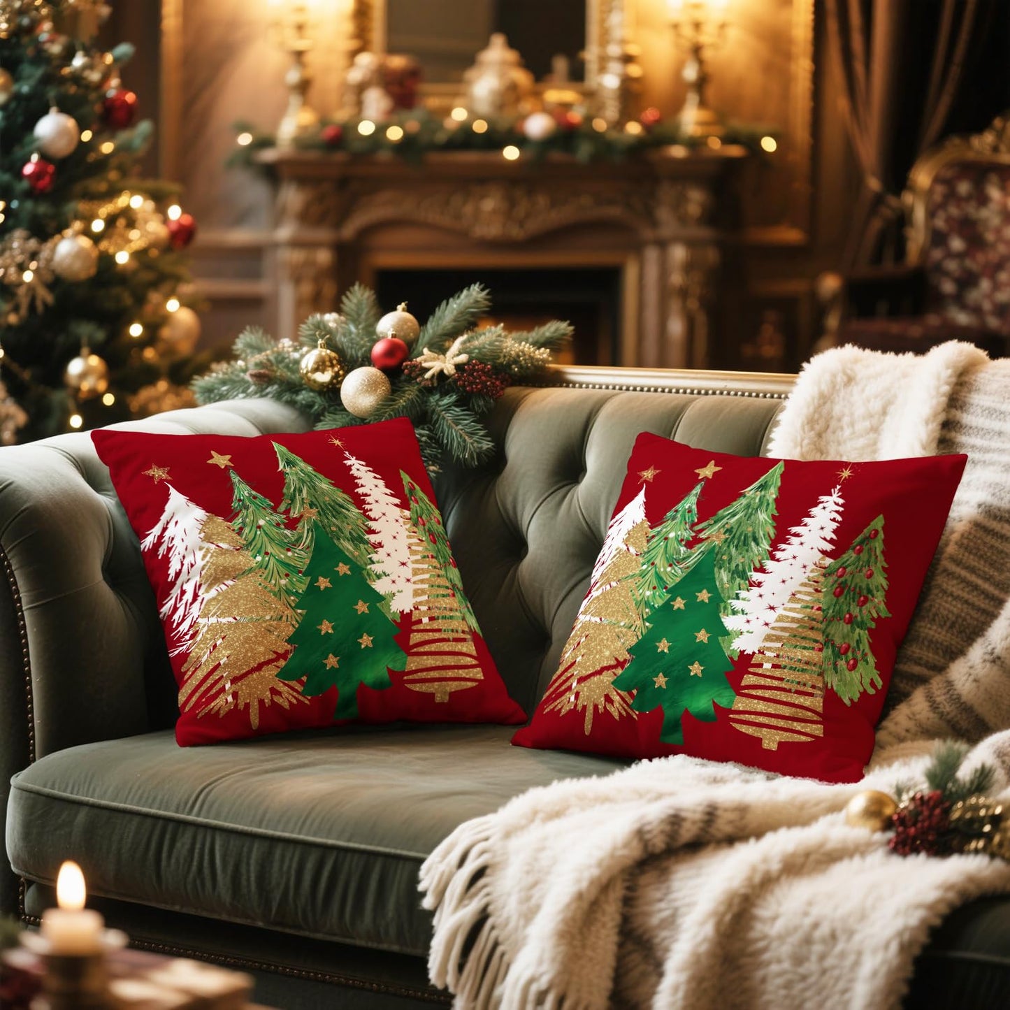 Artmag Christmas Tree Pillow Covers 24x24 Inch Set of 2, Decorative Farmhouse Red Pillow Shams Cases Slipcovers for Home Couch Sofa Decorations