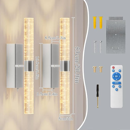 camuucci Battery Operated Sliver Wall Sconces Set of 2 Rechargeable Battery Powered Wall Light with 12000mAh Not Hardwired Dimmable Wall Lamp Fixtures for Bedroom Living Room 20.9 Inches