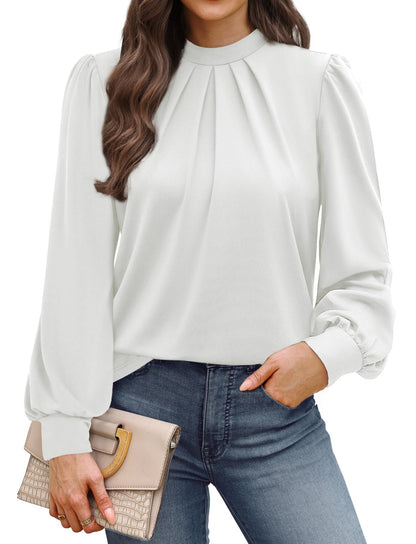 WIHOLL Long Sleeve Shirts for Women Mock Neck Tops Pleated Front Blouses Dressy Casual Fall Clothes 2025 Fashion
