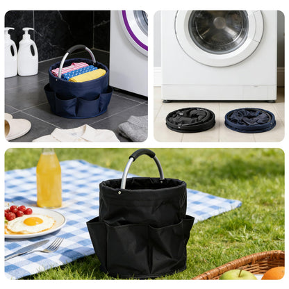 Tool Bucket Organizer 2-Pack, 17L Foldable Cleaner Caddy with 6 Pockets，Handle for Garden、Family and Bathroom, Can Also be Used as a Beach Basket or Shopping Basket，Black+Navy Blue