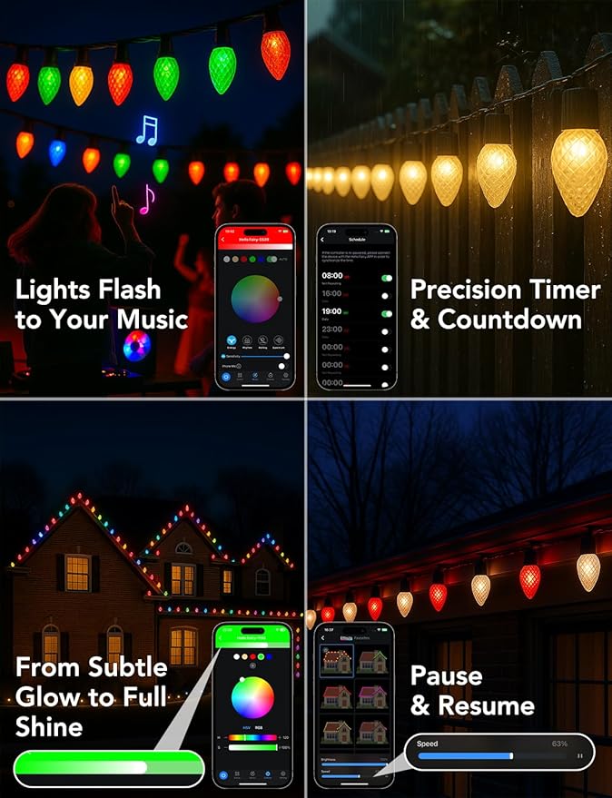 LED C9 Christmas Lights Outdoor,100FT 150 LEDs,App Remote Controlled RGB Smart String Lights with DIY,Music Sync & Timer,108 Modes,Waterproof & Extendable for Roofline,House,Xmas Tree,Halloween Decor