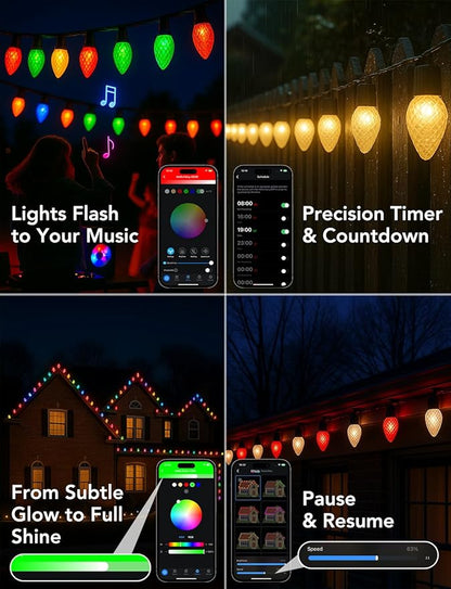 LED C9 Christmas Lights Outdoor,100FT 150 LEDs,App Remote Controlled RGB Smart String Lights with DIY,Music Sync & Timer,108 Modes,Waterproof & Extendable for Roofline,House,Xmas Tree,Halloween Decor