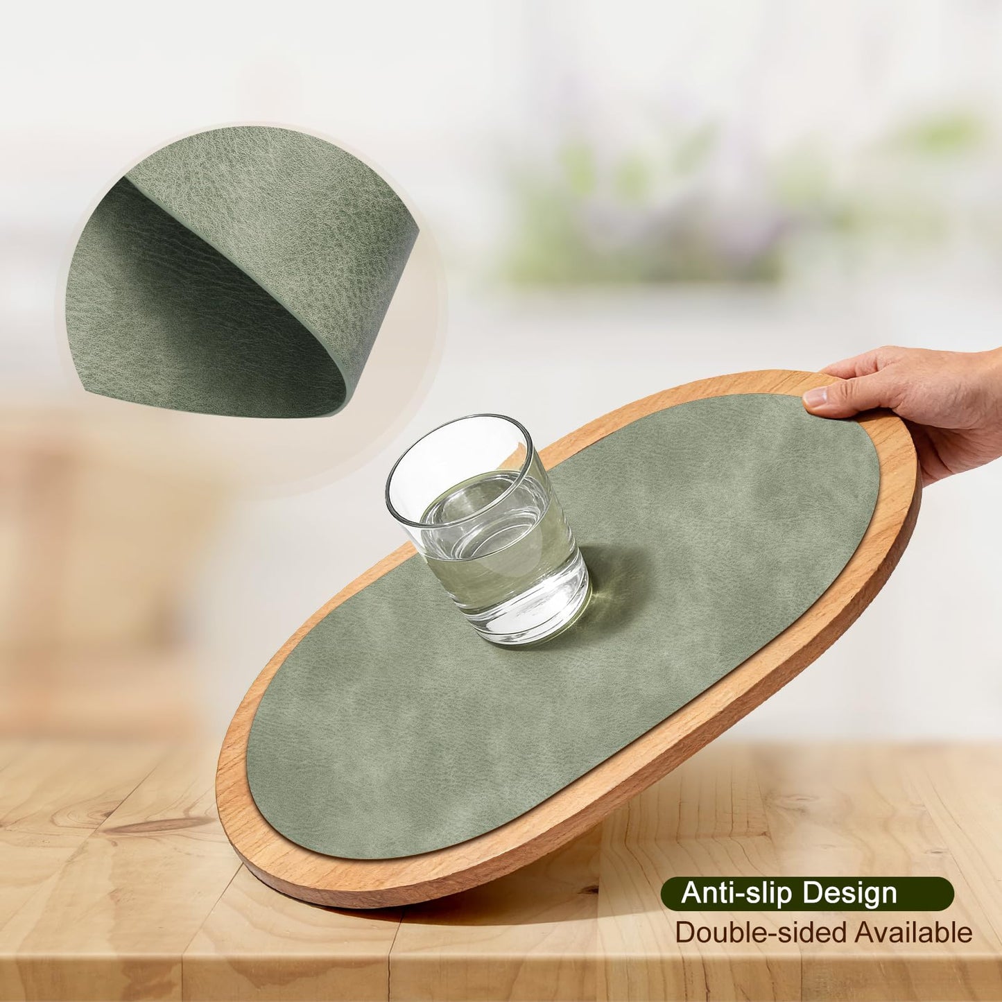 UnivoColors Placemats Oval Faux Leather Placemats,Heat Resistant Placemats Set of 4 Washable 12x17 Inch,Waterproof Table Mats,Wipeable Pu Place Mats for Kitchen,Dining Room.Green