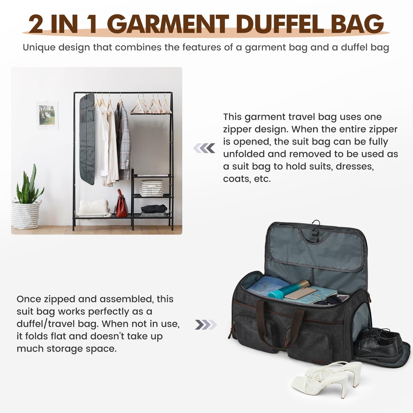 S-ZONE Garment Bag for Travel Carry on Duffle Bag for Men Travel Convertible Suit Bags Carry on Luggage Hanging Suitcase Travel Bag with Toiletry Bag, Black, 50l, Travel Garment Bag