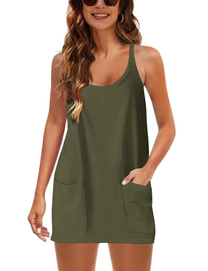 Lentta Womens Athletic Sleeveless Mini Dress with Built-in Shorts V Neck Spaghetti Strap Sundress(ArmyGreen-XXL)