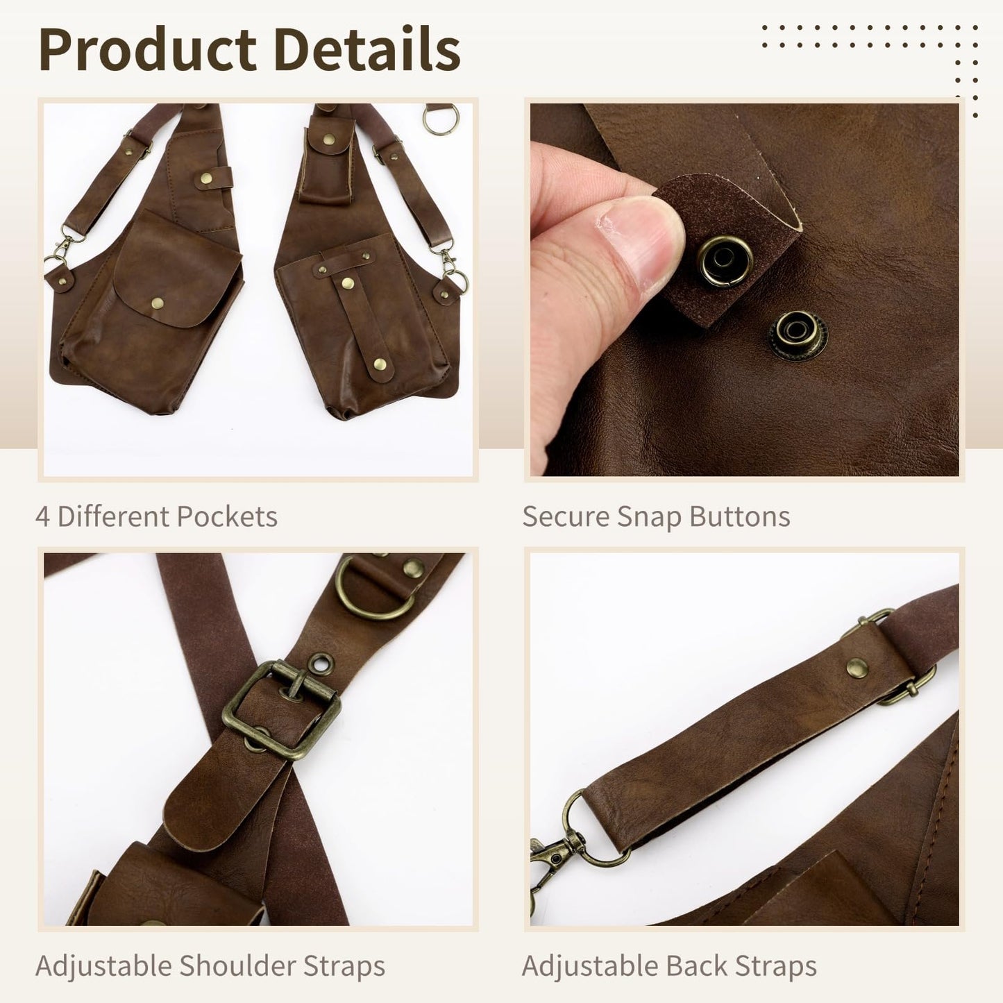 Anti-Theft Double Shoulder Underarm Bag Adjustable PU Leather Harness Chest Rig, Body Fit Vest Pouch with 4 Pockets, Vintage Viking Punk Crossbody Utility Bag for Travel Festival Cosplay