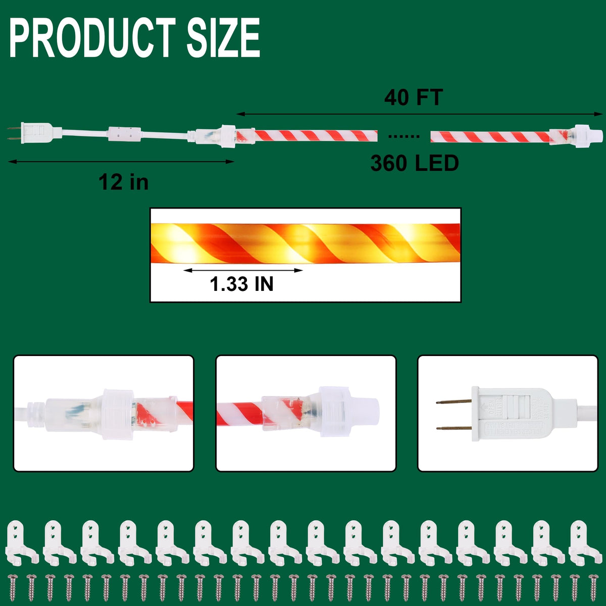 Watereem 360 LED Christmas Lights, 40 FT Candy Cane Rope Lights, Waterproof Xmas Tree Light, Connectable Tube Light Plug in for Indoor Outdoor Garden Yard Holiday Wedding Festival Party Decoration