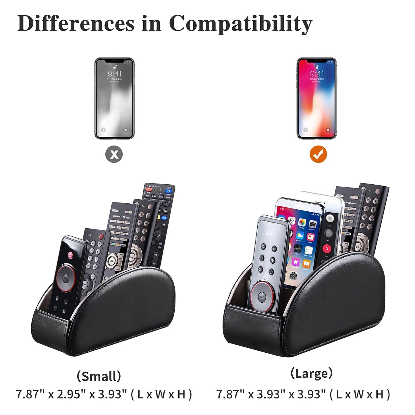 All-in-One Leather TV Remote Control Holder Black with 5 Compartments Nightstand Desktop DVD Media Player Remote Caddy Storage Box Organizer Tray For Makeup Brush Pen Stationary Table Controllers