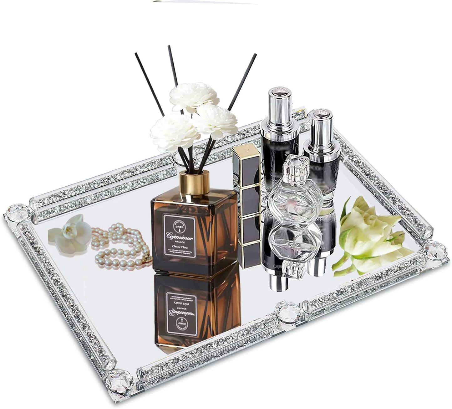 Large Crystal Perfume Tray, 15.7" x 11.8" Silver Glass Mirror Vanity Tray Noble Jewelry Trinket Display Tray for Desser Crushed Diamond Home Decor Cosmetics Makeup Organizer Serving Trays for Party