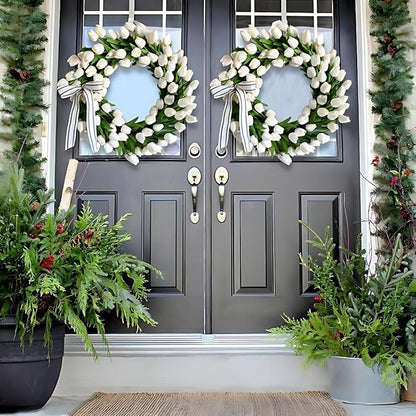 Spring Wreaths for Front Door, 16 Inch Summer Garland with White Tulips, Artificial Tulip Wreath for Farmhouse Home Wall Indoor Outdoor Window Decor