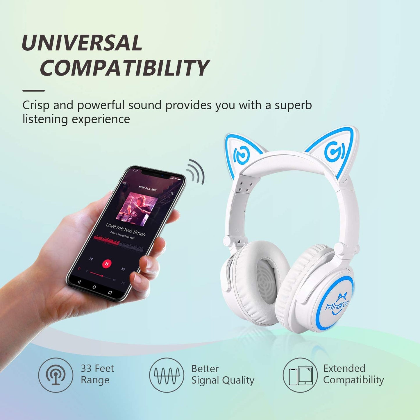 Headphones for Back to School, Kids Cat Ear Headphones, Led Lights Up, Foldable Bluetooth Wireless Headphones with Microphone for iPad Tablet