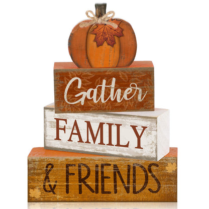 Lineshading 4 Pcs Fall Pumpkin Decor Fall Decorations for Home Wooden Pumpkin Decor Thanksgiving Table Centerpiece Rustic Decorative Autumn Stacked Block Signs Farmhouse for Harvest Party Home Kitchen