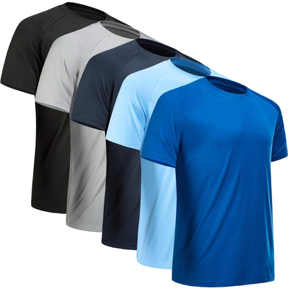 MCPORO Workout Shirts for Men Short Sleeve Quick Dry Athletic Gym Active T Shirt Moisture Wicking 5 Pack Black, Light Grey, Navy, Blue, Light Blue Medium