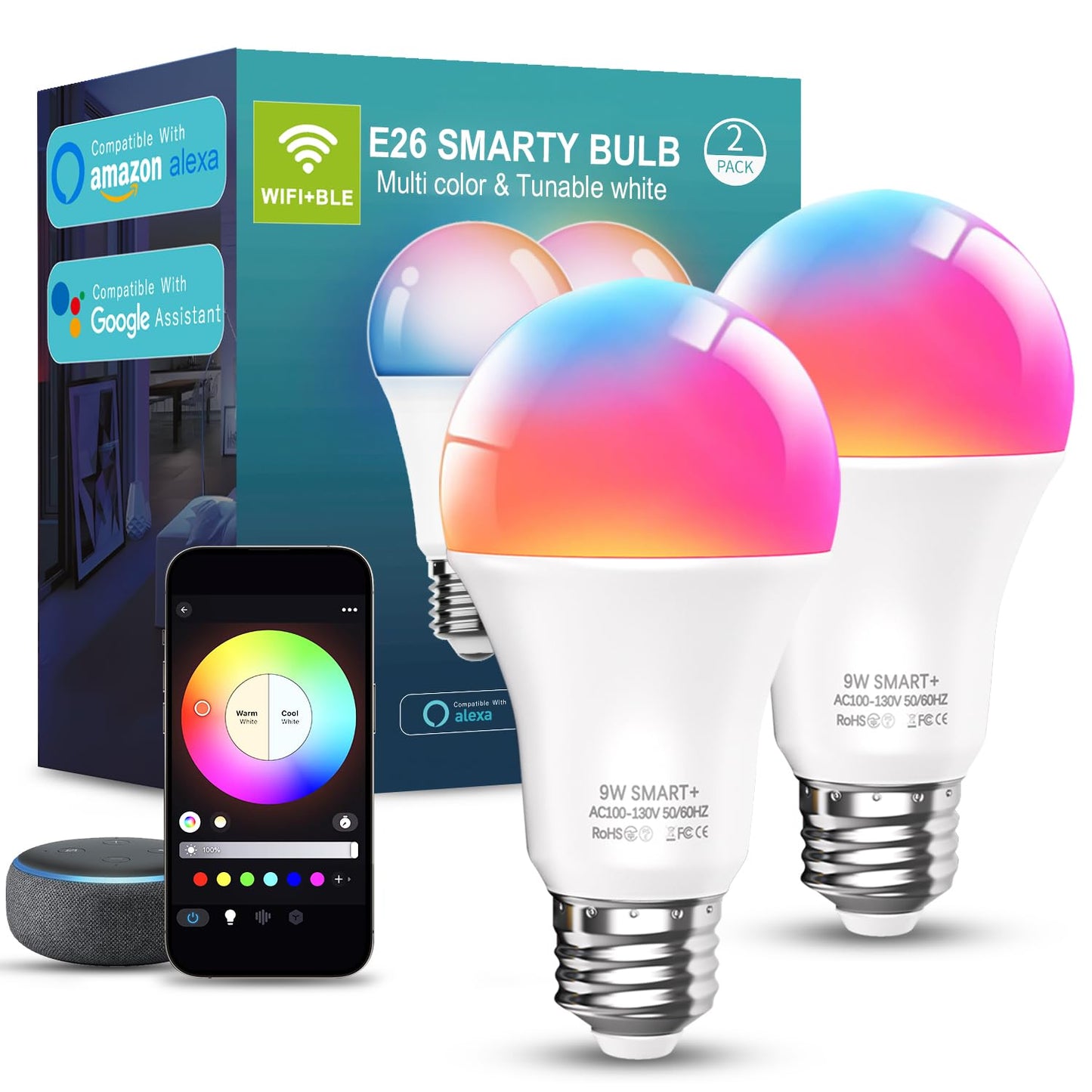 luckystyle Smart Light Bulbs, 9W A19 E26 800LM WiFi Bluetooth LED Bulbs Compatible with Alexa, Google Assistant & Home, 16 Million Colors Music Sync Color Changing Dimmable RGBWW Lights Bulb (4)