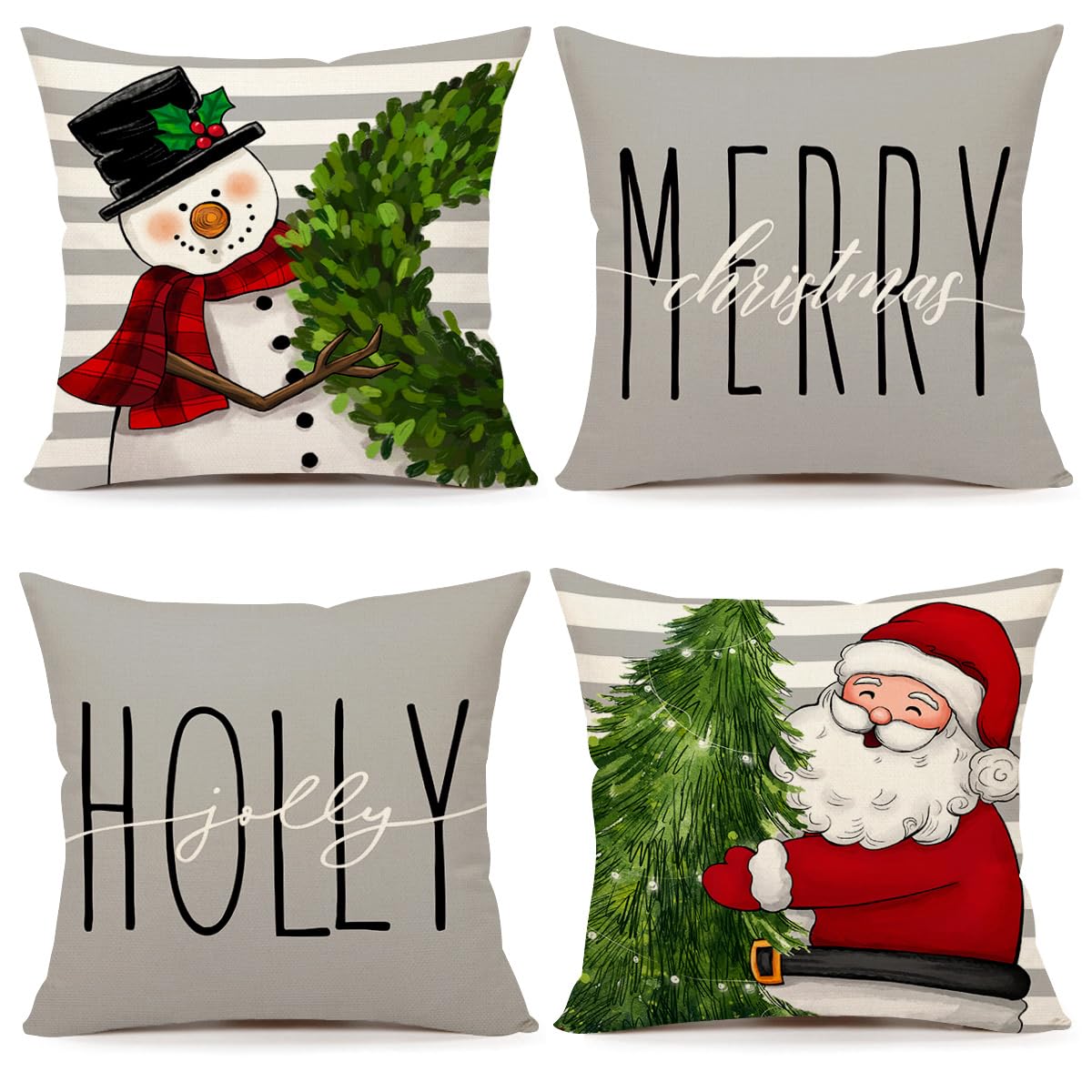 Gray Christmas Pillow Covers 18x18 Set of 4 Farmhouse Xmas Decorations Snowman Wreath Santa Claus Tree Merry Christmas Holly Jolly Winter Holiday Decor Throw Cushion Case for Home Couch S23C20