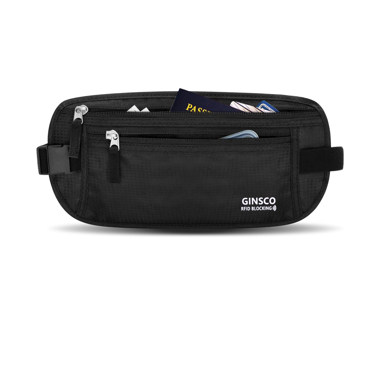 Money Belt for Travel Women Hidden Ginsco Slim RFID Blocking Passport Holder Unisex Travel Money Belt Under Clothes Anti Theft Travel Hidden Wallet for Travelling Workout Running Black 11''