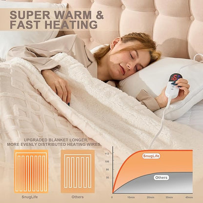 Heated Blanket Electric Throw with 6 Fast Heating Levels,4 Hours Auto-Off，Ultra Coza & Warm 50x60 Faux Rabbit Fur Electric Blanket with Overheating Protection,ETL Certification(Cream)