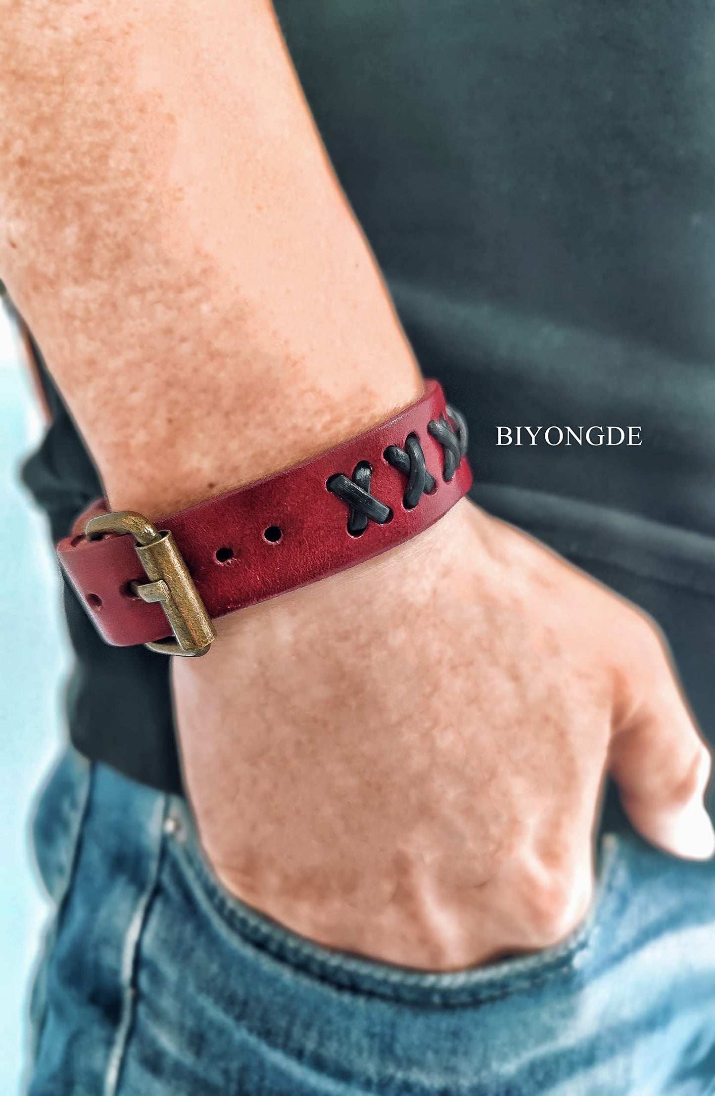 BIYONGDE Mens Red Leather Wristband Bangle Bracelet Interwoven with Black Leather, Buckle Clasp, Cool Stylish