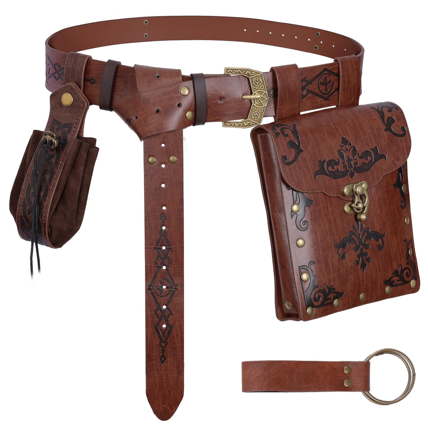 Luazuri Viking Embossed Renaissance Belt Pouch, Vintage Medieval Faux Leather Pirate Belt Pack,Retro Portable Belt Bag For LARP Ren Faire. (Brown C)