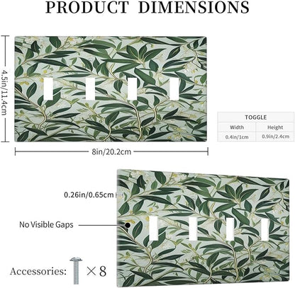 Sage Eucalyptus Leaves Foliage Light Switch Covers Quad Toggle 4 Gang Wall Plate Decorative Switchplate Electrical Faceplate for Farmhouse Bathroom Living Decor