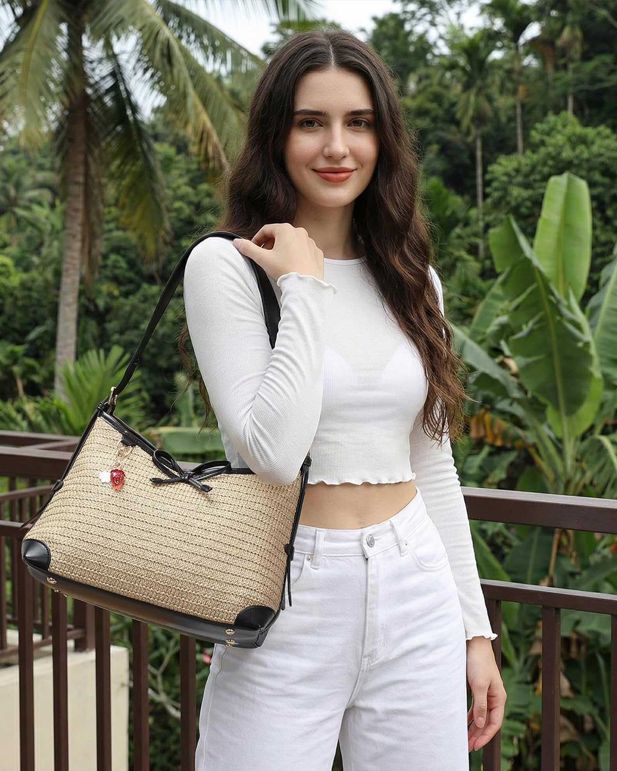 Herald Straw Woven Purse for Women, Summer Beach Hobo Raffia Crossbody Bag Shoulder Handbag Tote with Adjustable Strap (Black)