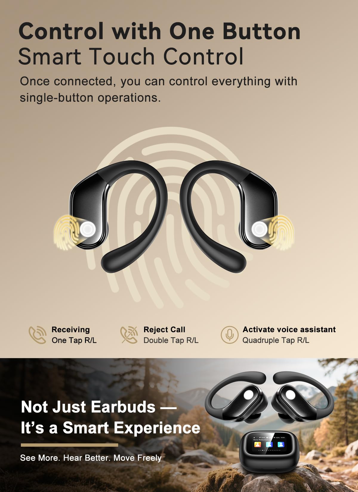 jaddsa Wireless Earbuds, ENC Noise Cancelling Ear Buds with Smart Touchscreen, Bluetooth 5.4 Headphones, Bass Stereo Sound Over-Ear Earbuds, 5 EQ Modes for Sports/Travel/Gym- Jet Black