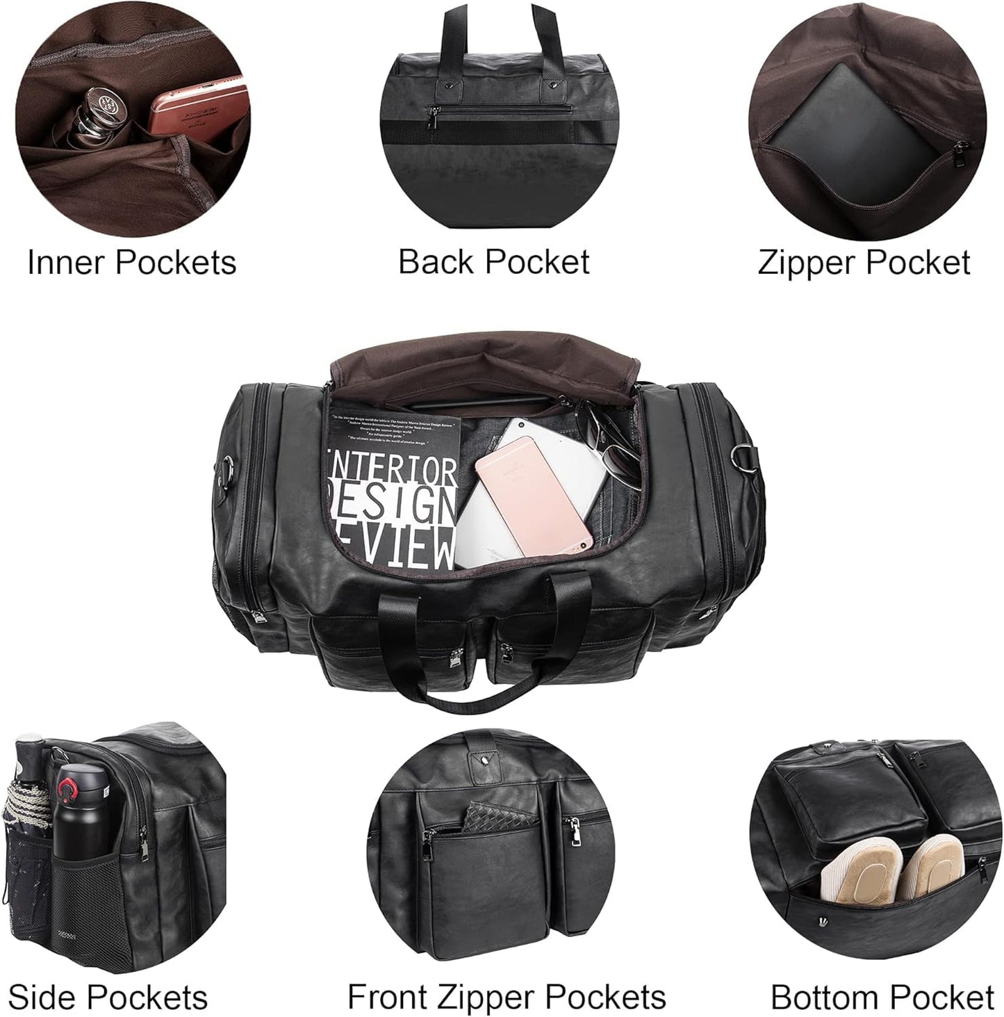 Travel Bag with Shoe Pouch,Weekender Overnight Bag Leather Large Carry On Bag