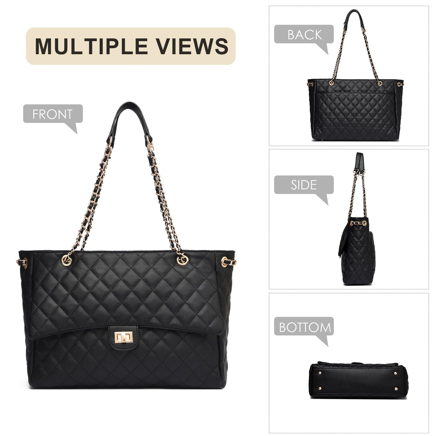 Eslcorri Quilted Satchel Tote Bag for Women, Elegant Leather Shoulder Handbag with Chain Strap and Twist-Lock, Classic Designer Crossbody Purse for Work, Travel, Dating & Evening Out, Brown
