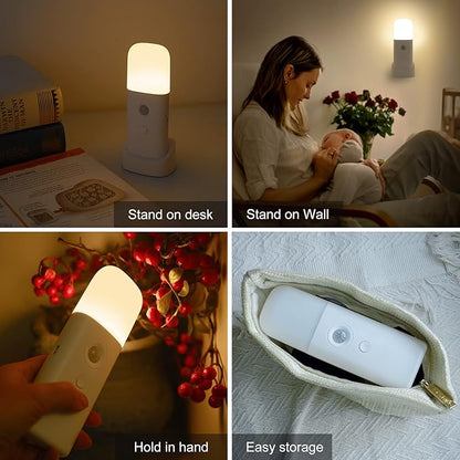 Motion Sensor Night Lights Indoor, Rechargeable Night Light Battery Powered, Portable Nightlight with Adjustable Brightness Activated Table Lamp for Kids, Adults(Warm Light, 4 Pack)