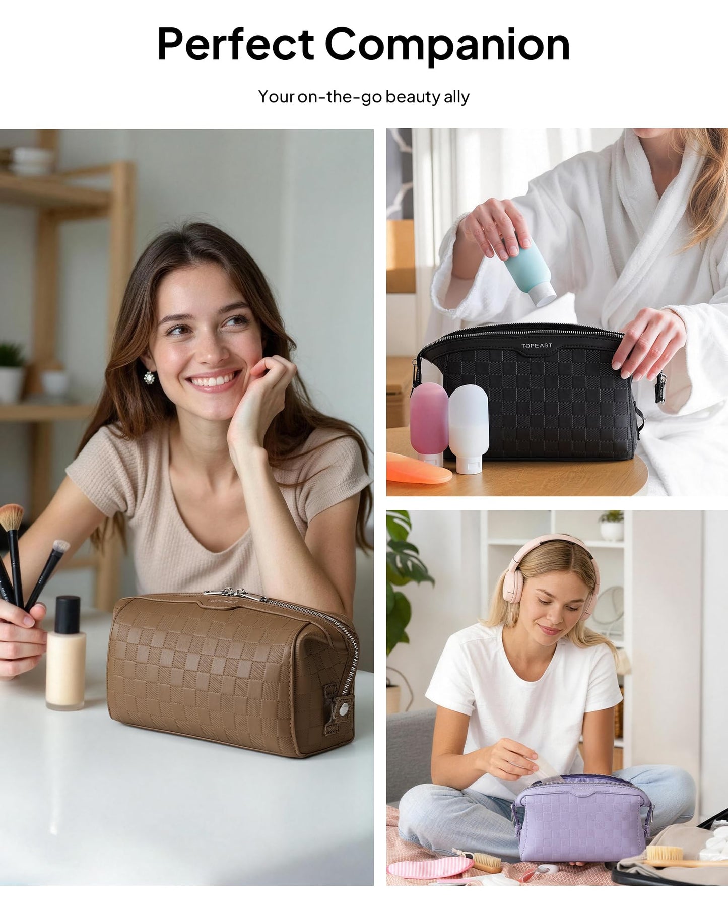 TOPEAST Travel Makeup Bag Cosmetic Bags for Women, 3 Pcs Set Make Up Toiletry Bag with Removable Zip Pouch, Waterproof Leather Makeup Brush Organizer for Travel Essentials, Black