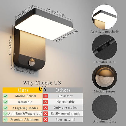2 Pack Motion Sensor Outdoor Wall Light,Modern LED Black Motion Outdoor Light IP65 Waterproof Exterior Wall Sconces for Garage Porch 3000K